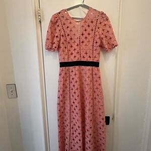 Women’s Pink Lace Midi Dress with Black Waistband